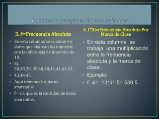 3. f=Frecuencia Absoluta
• En esta columna se cuentan los
datos que abarcan los números
con la diferencia de intervalo de
19.
• Ej.
38,38,39,,39,40,40,41,41,41,43,
• 43,44,45.
• Aquí tenemos los datos
abarcados
• f=13, que es la cantidad de datos
abarcados.
4. f*Xi=Frecuencia Absoluta Por
Marca de Clase
• En esta columna se
trabaja una multiplicación
entre la frecuencia
absoluta y la marca de
clase .
• Ejemplo:
• f. xi= 13*41.5= 539.5
 