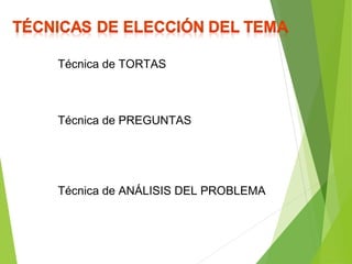 Técnica de TORTAS
Técnica de PREGUNTAS
Técnica de ANÁLISIS DEL PROBLEMA
 
