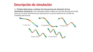 33
Descripción de simulación
1.- Podrás determinar y estimar las frecuencias de vibración de tus
elementos mecánicos, nos interesara saber cuáles son las frecuencias por evitar
para así no tener fenómenos de resonancia lo cual se traduciría en el fallo de
nuestras estructuras
 