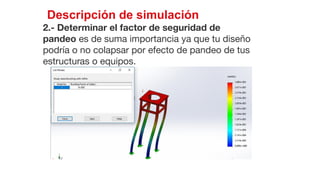 34
Descripción de simulación
2.- Determinar el factor de seguridad de
pandeo es de suma importancia ya que tu diseño
podría o no colapsar por efecto de pandeo de tus
estructuras o equipos.
 