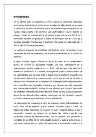 INTRODUCCION.
En los últimos años en Colombia se viene notando un incremento importante
en el sector acuícola como fuente rica en proteínas de alta calidad, es así como
la producción nacional de peces de cultivo se ha centrado principalmente en las
especie tilapia, trucha y la cachama cuya participación conjunta durante los
últimos 12 años ha sido del 96.3% del total de la piscicultura, y el 65.3% de la
producción acuícola, en particular la tilapia ha participado con el 49.0% de la
actividad piscícola mientras que la cachama y la trucha ha participado con el
31.0% y el 16.0% respectivamente.
La cachama presenta características significativas tanto nutricionales como
sensoriales lo cual ha conllevado a un aumento considerable en la producción
piscícola.
A nivel industrial, según información de la encuesta anual manufacturera,
(EAM), la cadena de acuicultura muestra una baja participación en el
procesamiento de los productos con un 1.0% del volumen y del valor de la
producción. Atendiendo a lo anterior, ha surgido un cuestionamiento acerca de
las posibilidades que presenta tanto la tilapia como la cachama en cuanto a su
transformación industrial y comercialización, razón por la cual se ha visto la
necesidad de incursionar en el desarrollo de nuevos productos agroindustriales,
más específicamente productos embutidos que otorguen un valor agregado,
que fomenten la producción masiva de este alimento y el consumo per cápita,
los productos embutidos han sido tradicional mente de muy buena aceptación y
dentro de ellas las salchichas múltiples investigaciones han planteado con éxito
el uso de diferentes tipos de carnes para su elaboración.
La elaboración de embutidos a partir de materias primas hidrobiológicas se
inició antes de la segunda guerra mundial utilizando pulpa o carne sin
tratamiento estos desarrollos no tuvieron un buen resultado debido a que el
consumidor presento un rechazo por su fuerte olor, sabor y por la poca
estabilidad durante el almacenamiento. Por el contrario, los japoneses a
mediados de los años 50 del siglo pasado utilizaron la pulpa o carne lavada, lo
cual causo aceptación por parte del consumidor e iniciaron la producción a
 