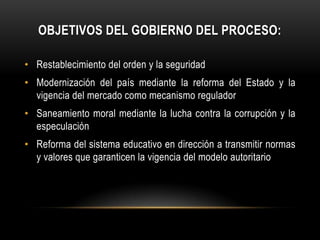 OBJETIVOS DEL GOBIERNO DEL PROCESO:

• Restablecimiento del orden y la seguridad
• Modernización del país mediante la reforma del Estado y la
  vigencia del mercado como mecanismo regulador
• Saneamiento moral mediante la lucha contra la corrupción y la
  especulación
• Reforma del sistema educativo en dirección a transmitir normas
  y valores que garanticen la vigencia del modelo autoritario
 