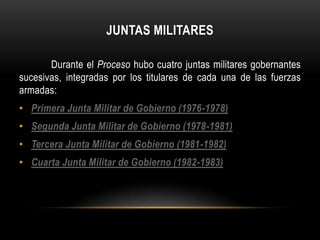 JUNTAS MILITARES

       Durante el Proceso hubo cuatro juntas militares gobernantes
sucesivas, integradas por los titulares de cada una de las fuerzas
armadas:
• Primera Junta Militar de Gobierno (1976-1978)
• Segunda Junta Militar de Gobierno (1978-1981)
• Tercera Junta Militar de Gobierno (1981-1982)
• Cuarta Junta Militar de Gobierno (1982-1983)
 