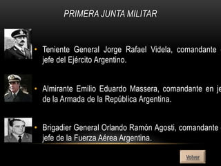 PRIMERA JUNTA MILITAR


• Teniente General Jorge Rafael Videla, comandante e
  jefe del Ejército Argentino.


• Almirante Emilio Eduardo Massera, comandante en je
  de la Armada de la República Argentina.


• Brigadier General Orlando Ramón Agosti, comandante e
  jefe de la Fuerza Aérea Argentina.

                                           Volver
 