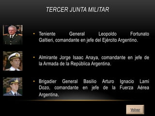 TERCER JUNTA MILITAR


• Teniente       General        Leopoldo          Fortunato
  Galtieri, comandante en jefe del Ejército Argentino.


• Almirante Jorge Isaac Anaya, comandante en jefe de
  la Armada de la República Argentina.


• Brigadier General Basilio Arturo Ignacio Lami
  Dozo, comandante en jefe de la Fuerza Aérea
  Argentina.

                                                 Volver
 