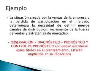        La situación creada por la ventas de la empresa y
        la perdida de participación en el mercado
        determinara la necesidad de definir nuevos
        canales de distribución, incremento de la fuerza
        de ventas y estrategias de mercadeo.

       OBSERVACIÓN - DIAGNÓSTICO – PRONÓSTICO Y
        CONTROL DE PRONÓSTICO (no deben escribirse
           estos títulos en el planteamiento, estarán
                   implícitos en su redacción)
 