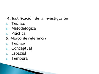 4. Justificación de la investigación
a. Teórica
b. Metodológica
c. Práctica
5. Marco de referencia
a. Teórico
b. Conceptual
c. Espacial
d. Temporal
 