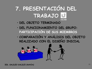 7. PRESENTACIÓN DEL TRABAJO DEL OBJETO TERMINADO DEL FUNCIONAMIENTO DEL GRUPO:  PARTICIPACIÓN DE SUS MIEMBROS COMPARACIÓN Y ANÁLISIS DEL OBJETO REALIZADO CON EL DISEÑO INICIAL VOLVER 