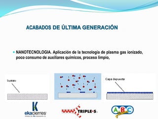  NANOTECNOLOGIA. Aplicación de la tecnología de plasma gas ionizado,
 poco consumo de auxiliares químicos, proceso limpio,
 