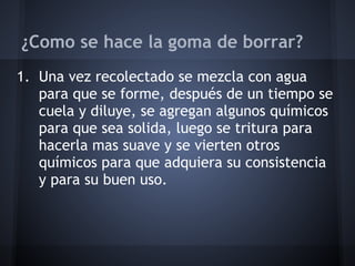 ¿Como se hace la goma de borrar?
1. Una vez recolectado se mezcla con agua
para que se forme, después de un tiempo se
cuela y diluye, se agregan algunos químicos
para que sea solida, luego se tritura para
hacerla mas suave y se vierten otros
químicos para que adquiera su consistencia
y para su buen uso.
 