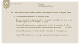 2.1. Clasificación de las actividades, según el modelo Cadena de Valor de Michael Porter
 Se clasifican en primarias y de soporte o apoyo.
 En una estructura organizacional, se denomina actividades de línea a las
actividades primarias, y de staff a las de apoyo.
 Las actividades primarias se encuentran en la línea de agregación de valor ya
que son las que transforman el flujo primario de materias primas y servicios.
 Las actividades de soporte alimentan a las actividades de la línea primaria.
 Las actividades de soporte son las que representan a la empresa a lo externo.
Genrecia de Logística Proceso,
Actividades y Tareas
 