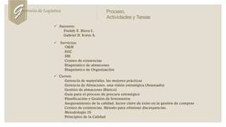  Asesores:
Freddy E. Riera L.
Gabriel D. Irwin A.
 Servicios:
O&M
SGC
SBI
Conteo de existencias
Diagnóstico de almacenes
Diagnóstico de Organización
 Cursos:
Gerencia de materiales, las mejores prácticas
Gerencia de Almacenes, una visión estratégica (Avanzado)
Gestión de almacenes (Básico)
Guía para el proceso de procura estratégico
Planificación y Gestión de Inventarios
Aseguramiento de la calidad, factor clave de éxito en la gestión de compras
Conteo de existencias. Método para eliminar discrepancias.
Metodología 5S
Principios de la Calidad
Genrecia de Logística Proceso,
Actividades y Tareas
 