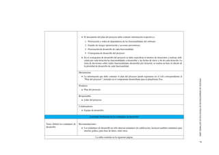 PROCESODEADMINISTRACI´ONDEPROYECTOSDESOFTWARELIBRE7
El documento del plan del proyecto debe contener informaci´on respectiva a:
1. Priorizaci´on y orden de dependencia de las funcionalidades del software.
2. Estudio de riesgos (priorizaci´on y acciones preventivas).
3. Priorizaci´on de desarrollo de cada funcionalidad.
4. Cronograma de desarrollo del proyecto.
En el cronograma de desarrollo del proyecto se debe especiﬁcar el n´umero de iteraciones a realizar, indi-
cando por cada iteraci´on las funcionalidades a desarrollar y las fechas de inicio y ﬁn de cada iteraci´on. La
toma de decisiones sobre cu´ales funcionalidades desarrollar por iteraci´on, se realiza en base al c´alculo de
la prioridad de desarrollo de cada funcionalidad.
Herramienta:
La informaci´on que debe contener el plan del proyecto puede registrarse en el wiki correspondiente al
“Plan del proyecto”, incluido en el componente desarrollado para la plataforma Trac.
Producto:
Plan del proyecto.
Responsable:
L´ıder del proyecto.
Colaboradores:
Equipo de desarrollo.
Actividad: Deﬁnici´on de los est´andares de desarrollo
Tarea: Deﬁnir los est´andares de
desarrollo.
Recomendaciones:
Los est´andares de desarrollo no s´olo abarcan est´andares de codiﬁcaci´on, incluyen tambi´en est´andares para
interfaz gr´aﬁca, para base de datos, entre otros.
La tabla contin´ua en la siguiente p´agina
 