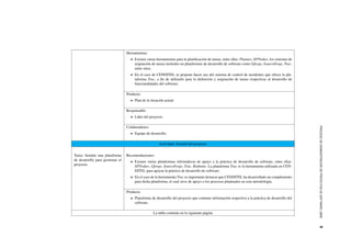 PROCESODEADMINISTRACI´ONDEPROYECTOSDESOFTWARELIBRE9
Herramientas:
Existen varias herramientas para la planiﬁcaci´on de tareas, entre ellas: Planner, XPTraker, los sistemas de
asignaci´on de tareas incluidos en plataformas de desarrollo de software como Gforge, SourceForge, Trac,
entre otras.
En el caso de CENDITEL se propone hacer uso del sistema de control de incidentes que ofrece la pla-
taforma Trac, a ﬁn de utilizarlo para la deﬁnici´on y asignaci´on de tareas respectivas al desarrollo de
funcionalidades del software.
Producto:
Plan de la iteraci´on actual.
Responsable:
L´ıder del proyecto.
Colaboradores:
Equipo de desarrollo.
Actividad: Gesti´on del proyecto
Tarea: Instalar una plataforma
de desarrollo para gestionar el
proyecto.
Recomendaciones:
Existen varias plataformas inform´aticas de apoyo a la pr´actica de desarrollo de software, entre ellas:
XPTraker, Gforge, SourceForge, Trac, Redmine. La plataforma Trac es la herramienta utilizada en CEN-
DITEL para apoyar la pr´actica de desarrollo de software.
En el caso de la herramienta Trac es importante destacar que CENDITEL ha desarrollado un complemento
para dicha plataforma, el cual sirve de apoyo a los procesos planteados en esta metodolog´ıa.
Producto:
Plataforma de desarrollo del proyecto que contiene informaci´on respectiva a la pr´actica de desarrollo del
software.
La tabla contin´ua en la siguiente p´agina
 