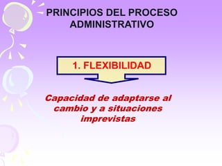PRINCIPIOS DEL PROCESO 
ADMINISTRATIVO 
1. FLEXIBILIDAD 
Capacidad de adaptarse al 
cambio y a situaciones 
imprevistas 
 