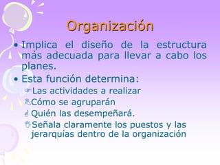 Organización 
• Implica el diseño de la estructura 
más adecuada para llevar a cabo los 
planes. 
• Esta función determina: 
Las actividades a realizar 
Cómo se agruparán 
 Quién las desempeñará. 
Señala claramente los puestos y las 
jerarquías dentro de la organización 
 