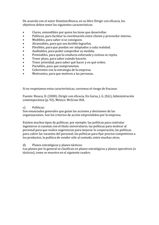 De acuerdo con el autor DoménecBiosca, en su libro Dirigir con eficacia, los
objetivos deben tener las siguientes características:

•      Claros, entendibles por quien los tiene que desarrollar.
•      Públicos, para facilitar la coordinación entre cliente y proveedor interno.
•      Medibles, para saber si se consiguen.
•      Alcanzables, para que sea factible lograrlos.
•      Flexibles, para que puedan ser adaptados a cada realidad.
•      Auditables, para poder comprobar su medida.
•      Premiables, para que la conducta esforzada y exitosa se repita.
•      Tener plazo, para saber cuándo hacerlo.
•      Tener prioridad, para saber qué hacer y en qué orden.
•      Pactables, para que comprometan.
•      Coherentes con la estrategia de la empresa.
•      Motivantes, para que motiven a las personas.



Si no respetamos estas características, corremos el riesgo de fracasar.

Fuente: Biosca, D. (2000). Dirigir con eficacia. En Garza, J. G. (Ed.), Administración
contemporánea (p. 92). México: McGraw-Hill.

c)    Políticas:
Son enunciados generales que guían las acciones y decisiones de las
organizaciones. Son los criterios de acción emprendidos por la empresa.

Existen muchos tipos de políticas; por ejemplo: las políticas para contratar
ingenieros si cuentan con el título universitario; las políticas para motivar al
personal para que realice sugerencias para mejorar la cooperación; las políticas
para cubrir las vacantes del personal; las políticas para fijar precios competitivos a
los productos, la política de vender sólo al contado, entre muchas otras.

d)     Planes estratégicos y planes tácticos:
Los planes por lo general se clasifican en planes estratégicos y planes operativos (o
tácticos), como se muestra en el siguiente cuadro:
 