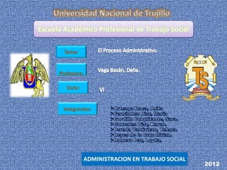 Escuela Académico Profesional de Trabajo Social

        Tema:


      Profesora:

         Ciclo:


       Integrantes:




                   ADMINISTRACION EN TRABAJO SOCIAL
                                                      2012
 