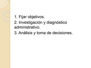1. Fijar objetivos.
2. Investigación y diagnóstico
administrativo.
3. Análisis y toma de decisiones.
 