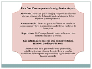 Esta función comprende las siguientes etapas:
Autoridad. Forma en que se delega y se ejercen las acciones
durante el desarrollo de las actividades y búsqueda de los
objetivos y metas planeadas.
Comunicación. Forma en que se establecen los canales de
comunicación y fluye la comunicación al interior y exterior de
la empresa.
Supervisión. Verificar que las actividades se lleven a cabo
conforme se planeó y ordenó.

Las actividades básicas que comprenden la
función de dirección son:
Determinación de lo que debe hacerse (planeación),
establecimiento de cómo se deberán llevar a cabo las
actividades de la empresa (organización), vigilar lo que debe
hacerse (control).

 