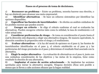Pasos en el proceso de toma de decisiones.
1)
Reconocer un problema – Existe un problema, necesita hacerse una elección, o
hay un obstáculo para alcanzar una meta empresarial.
2)
Identificar alternativas - Se hace un esfuerzo sistemático por identificar las
opciones disponibles.
3)
Especificar las fuentes de incertidumbre – Se efectúa un análisis cuidadoso de
los posibles sucesos que pueden ocurrir.
4)
Escoger un criterio – Se elige el criterio conforme al cual se evaluarán las
alternativas. Pueden escogerse criterios tales como la utilidad, la tasa de rendimiento o el
valor actual neto.
5)
Considerar preferencias de riesgo – Se toma en consideración el punto hasta el
cual la dirección está dispuesta a elegir una alternativa riesgosa. De manera equivalente, la
dirección considera la proporción entre el riesgo y el rendimiento.
6)
Evaluar alternativas – A la luz del menú de opciones en el paso 2, las fuentes de
incertidumbre identificadas en el paso 3, el criterio establecido en el paso 4 y las
preferencias del riesgo precisadas en el paso 5 determinan el resultado final asociado con la
alternativa.
7)
Elegir la mejor alternativa – La evaluación de alternativas en el paso 6, junto con
una cuidadosa consideración de los objetivos y las metas de la empresa, tiene como
resultado la elección de una alternativa.
8)
Implantar el curso de acción seleccionado – Se implantan las acciones
aprobadas para iniciar la alternativa escogida. Ninguna decisión eficaz será posible a
menos que se lleven a cabo acciones eficaces que la hagan realidad.

 