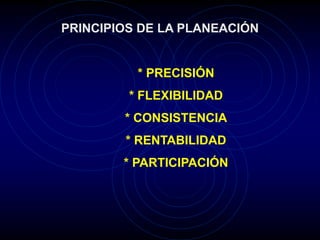 PRINCIPIOS DE LA PLANEACIÓN
* PRECISIÓN
* FLEXIBILIDAD
* CONSISTENCIA
* RENTABILIDAD
* PARTICIPACIÓN
 