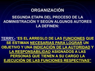ORGANIZACIÓN
SEGUNDA ETAPA DEL PROCESO DE LA
ADMINISTRACIÓN Y SEGÚN ALGUNOS AUTORES
LA DEFINEN:
TERRY.- “ES EL ARREGLO DE LAS FUNCIONES QUE
SE ESTIMAN NECESARIAS PARA LOGRAR UN
OBJETIVO Y UNA INDICACIÓN DE LA AUTORIDAD Y
LA RESPONSABILIDAD ASIGNADOS A LAS
PERSONAS QUE TIENEN A SU CARGO LA
EJECUCIÓN DE LAS FUNCIONES RESPECTIVAS”
 