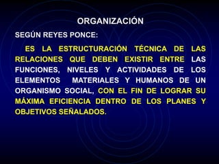 ORGANIZACIÓN
SEGÚN REYES PONCE:
ES LA ESTRUCTURACIÓN TÉCNICA DE LAS
RELACIONES QUE DEBEN EXISTIR ENTRE LAS
FUNCIONES, NIVELES Y ACTIVIDADES DE LOS
ELEMENTOS MATERIALES Y HUMANOS DE UN
ORGANISMO SOCIAL, CON EL FIN DE LOGRAR SU
MÁXIMA EFICIENCIA DENTRO DE LOS PLANES Y
OBJETIVOS SEÑALADOS.
 