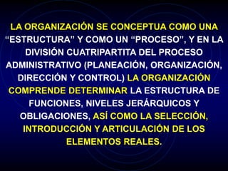 LA ORGANIZACIÓN SE CONCEPTUA COMO UNA
“ESTRUCTURA” Y COMO UN “PROCESO”, Y EN LA
DIVISIÓN CUATRIPARTITA DEL PROCESO
ADMINISTRATIVO (PLANEACIÓN, ORGANIZACIÓN,
DIRECCIÓN Y CONTROL) LA ORGANIZACIÓN
COMPRENDE DETERMINAR LA ESTRUCTURA DE
FUNCIONES, NIVELES JERÁRQUICOS Y
OBLIGACIONES, ASÍ COMO LA SELECCIÓN,
INTRODUCCIÓN Y ARTICULACIÓN DE LOS
ELEMENTOS REALES.
 