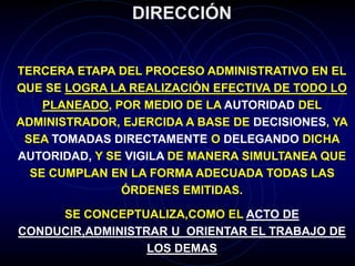 DIRECCIÓN
TERCERA ETAPA DEL PROCESO ADMINISTRATIVO EN EL
QUE SE LOGRA LA REALIZACIÓN EFECTIVA DE TODO LO
PLANEADO, POR MEDIO DE LA AUTORIDAD DEL
ADMINISTRADOR, EJERCIDA A BASE DE DECISIONES, YA
SEA TOMADAS DIRECTAMENTE O DELEGANDO DICHA
AUTORIDAD, Y SE VIGILA DE MANERA SIMULTANEA QUE
SE CUMPLAN EN LA FORMA ADECUADA TODAS LAS
ÓRDENES EMITIDAS.
SE CONCEPTUALIZA,COMO EL ACTO DE
CONDUCIR,ADMINISTRAR U ORIENTAR EL TRABAJO DE
LOS DEMAS
 