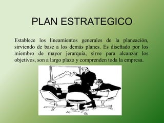 PLAN ESTRATEGICO 
Establece los lineamientos generales de la planeación, 
sirviendo de base a los demás planes. Es diseñado por los 
miembro de mayor jerarquía, sirve para alcanzar los 
objetivos, son a largo plazo y comprenden toda la empresa. 
 