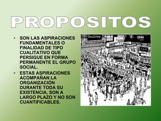 • SON LAS ASPIRACIONES 
FUNDAMENTALES O 
FINALIDAD DE TIPO 
CUALITATIVO QUE 
PERSIGUE EN FORMA 
PERMANENTE EL GRUPO 
SOCIAL. 
• ESTAS ASPIRACIONES 
ACOMPAÑAN LA 
ORGANIZACIÓN 
DURANTE TODA SU 
EXISTENCIA, SON A 
LARGO PLAZO Y NO SON 
CUANTIFICABLES. 
 
