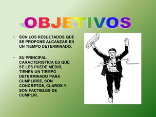 • SON LOS RESULTADOS QUE 
SE PROPONE ALCANZAR EN 
UN TIEMPO DETERMINADO. 
• SU PRINCIPAL 
CARACTERISTICA ES QUE 
SE LES PUEDE MEDIR, 
TIENEN UN TIEMPO 
DETERMINADO PARA 
CUMPLIRSE, SON 
CONCRETOS, CLAROS Y 
SON FACTIBLES DE 
CUMPLIR. 
 