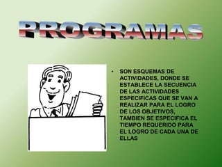 • SON ESQUEMAS DE 
ACTIVIDADES, DONDE SE 
ESTABLECE LA SECUENCIA 
DE LAS ACTIVIDADES 
ESPECIFICAS QUE SE VAN A 
REALIZAR PARA EL LOGRO 
DE LOS OBJETIVOS, 
TAMBIEN SE ESPECIFICA EL 
TIEMPO REQUERIDO PARA 
EL LOGRO DE CADA UNA DE 
ELLAS 
 