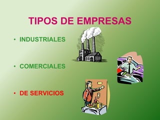 TIPOS DE EMPRESAS 
• INDUSTRIALES 
• COMERCIALES 
• DE SERVICIOS 
 