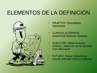 ELEMENTOS DE LA DEFINICIÓN 
• OBJETIVO: Resultados 
esperados 
• CURSOS ALTERNOS: 
Determinar diversos caminos 
• ELECCIÓN: Determinación , 
análisis , selección de la decisión 
mas adecuada 
• FUTURO: Prever situaciones 
futuras anticipar hechos inciertos 
 