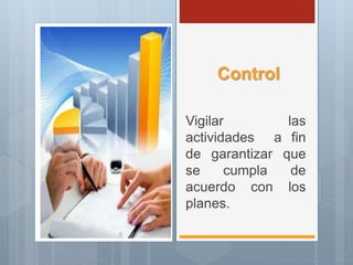 Control
Vigilar las
actividades a fin
de garantizar que
se cumpla de
acuerdo con los
planes.
 