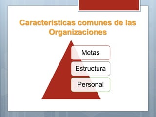 Características comunes de las
Organizaciones
Metas
Estructura
Personal
 