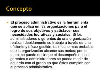  El proceso administrativo es la herramienta
que se aplica en las organizaciones para el
logro de sus objetivos y satisfacer sus
necesidades lucrativas y sociales. Si los
administradores o gerentes de una organización
realizan debidamente su trabajo a través de una
eficiente y eficaz gestión, es mucho más probable
que la organización alcance sus metas; por lo
tanto, se puede decir que el desempeño de los
gerentes o administradores se puede medir de
acuerdo con el grado en que éstos cumplan con
el proceso administrativo.
 