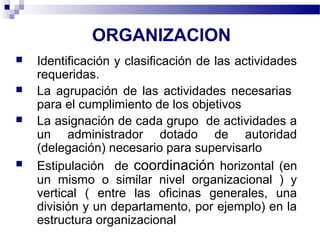 ORGANIZACION
 Identificación y clasificación de las actividades
requeridas.
 La agrupación de las actividades necesarias...