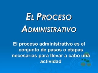E L  P ROCESO   A DMINISTRATIVO El proceso administrativo es el conjunto de pasos o etapas necesarias para llevar a cabo una actividad 