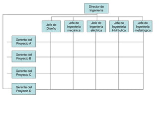 Director de Ingeniería Jefe de Diseño Jefe de Ingeniería Hidráulica Jefe de Ingeniería mecánica Jefe de Ingeniería eléctrica Jefe de Ingeniería metalúrgica Gerente del Proyecto A Gerente del Proyecto B Gerente del Proyecto C Gerente del Proyecto D 