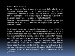 Proceso Administrativo
Es un conjunto de fases o pasos a seguir para darle solución a un
problema administrativo, en él encontraremos asuntos de
organización, dirección y control, para resolverlos se debe contar
con una buena planeación, un estudio previo y tener los objetivos bien
claros para poder hacer del proceso lo más fluido posible.
Para que el proceso administrativo llevado a cabo sea el más indicado
se deben tomar en cuenta una serie de pasos: planeación organización,
dirección y control.
La técnica de planeación y la organización son partes fundamentales en
el proceso ya que ahí radica la complejidad del método que se utilice
pues al ser los pasos con más cantidad de deberes se vuelve un poco
más complicado tener el control, pero en estos pasos existen más sub-
categorías que no deben permitir que el procedimiento se salga de
control, según lo que dice la lectura podemos decir que el
procedimiento se basa en un programa centralizado que delega
funciones conforme va bajando el nivel de autoridad, esto quiere decir
que cada parte tiene una función específica y que si hubiera alguna falla
en cualquiera de estos pasos sería difícil lograr un procedimiento limpio
y eficiente.
 