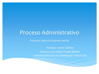 Proceso Administrativo
   Proyecto sobre la Empresa Xel-Ha

             Profesor: Javier Galindo
         Alumno: Luis Felipe Pineda Beltrán
     ADMINISTRACION DE EMPRESAS TURISTICAS
 