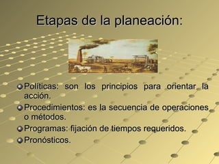 Etapas de la planeación: Políticas: son los principios para orientar la acción. Procedimientos: es la secuencia de operaciones o métodos. Programas: fijación de tiempos requeridos. Pronósticos. 