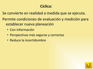 Se convierte en realidad a medida que se ejecuta. Permite condiciones de evaluación y medición para establecer nueva planeación Con información  Perspectivas más seguras y correctas Reduce la incertidumbre 