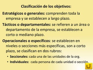 Estratégicos o generales:  comprenden toda la empresa y se establecen a largo plazo.  Tácticos o departamentales:  se refieren a un área o departamento de la empresa, se establecen a corto o mediano plazo.  Operacionales   o específicos : se establecen en niveles o secciones más específicas, son a corto plazo, se clasifican en dos rubros:  Seccionales:  cada una de las unidades de la org.  Individuales:  cada persona de cada unidad o sección. 