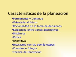 Permanente y Continuo Orientada al futuro Racionalidad en la toma de decisiones Selecciona entre varias alternativas Sistémica Cíclica Repetitiva Interactúa con las demás etapas Coordina e Integra Técnica de Innovación 