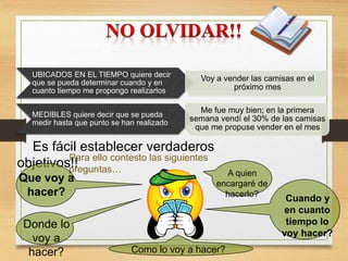 UBICADOS EN EL TIEMPO quiere decir
que se pueda determinar cuando y en
cuanto tiempo me propongo realizarlos
Voy a vender las camisas en el
próximo mes
MEDIBLES quiere decir que se pueda
medir hasta que punto se han realizado
Me fue muy bien; en la primera
semana vendí el 30% de las camisas
que me propuse vender en el mes
Es fácil establecer verdaderos
objetivos!!
Para ello contesto las siguientes
preguntas…
Que voy a
hacer?
Donde lo
voy a
hacer?
A quien
encargaré de
hacerlo?
Cuando y
en cuanto
tiempo lo
voy hacer?
Como lo voy a hacer?
 