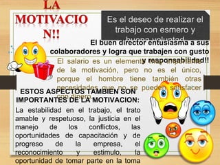 Es el deseo de realizar el
trabajo con esmero y
buena voluntad
El buen director entusiasma a sus
colaboradores y logra que trabajen con gusto
y responsabilidad!!
El salario es un elemento muy importante
de la motivación, pero no es el único,
porque el hombre tiene también otras
necesidades que no se pueden satisfacer
con dinero.
ESTOS ASPECTOS TAMBIEN SON
IMPORTANTES DE LA MOTIVACION:
La estabilidad en el trabajo, el trato
amable y respetuoso, la justicia en el
manejo de los conflictos, las
oportunidades de capacitación y de
progreso de la empresa, el
reconocimiento y estimulo, la
oportunidad de tomar parte en la toma
 
